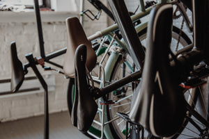 bikes hanging on wall